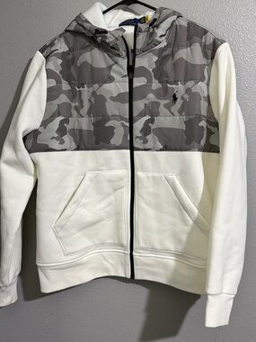 Polo by Ralph Lauren White Fleece Hoodie with Gray Camo Accents